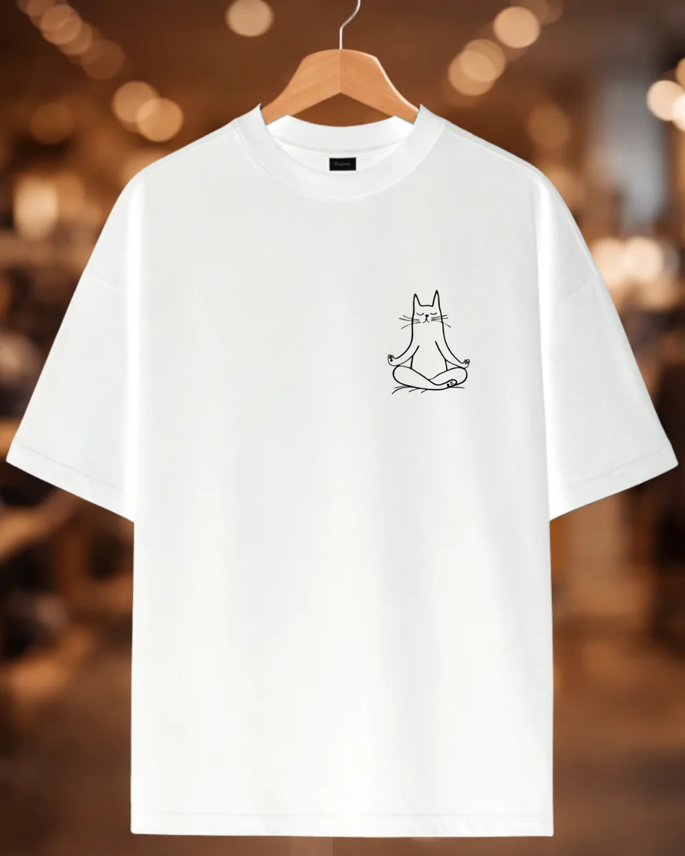 Camiseta oversized branca pendurada em um cabide, com um gatinho meditando desenhado no peito